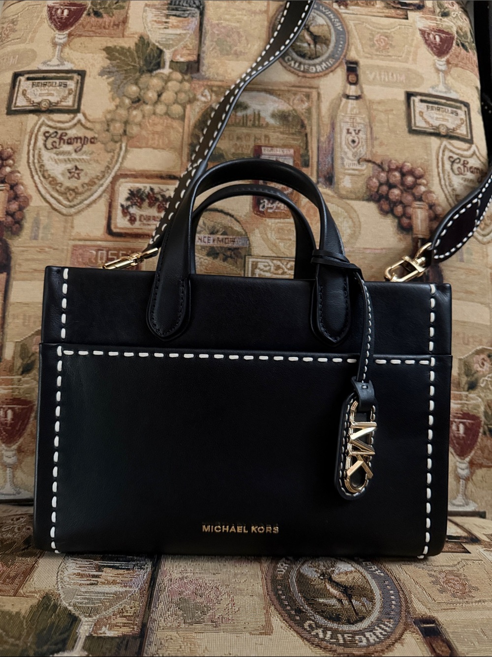 Michael Kors Black Leather Satchel with White Stitching and Gold Hardware